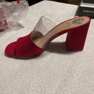 Vince Caputo red/clear mules, block heel. NWT. Suede Size 8.5M